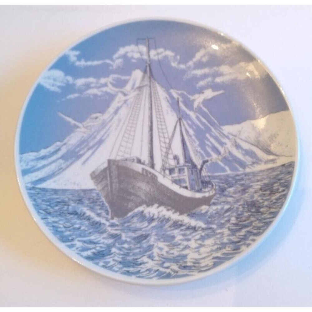Vintage Porsgrund Norway Fishing Boat Plate Wall Hanging